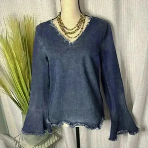 Moelleux Womens M V-Neck Denim Bell Sleeves Frayed Hem Laced Back Hobo Tunic Top